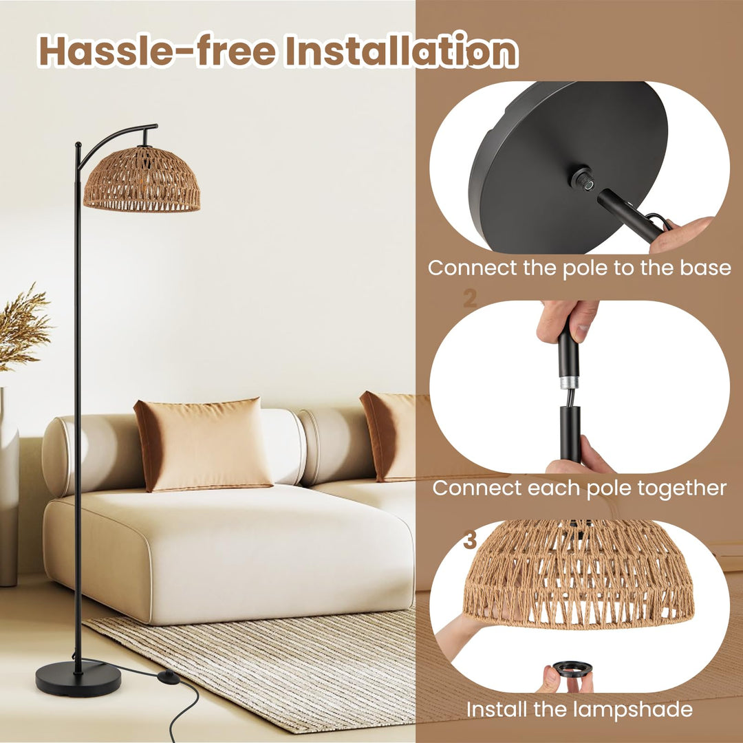 Giantex Boho Floor Lamp with Handwoven Paper Rope Shade Arc Standing Lamp with E26 Socket & Foot Switch