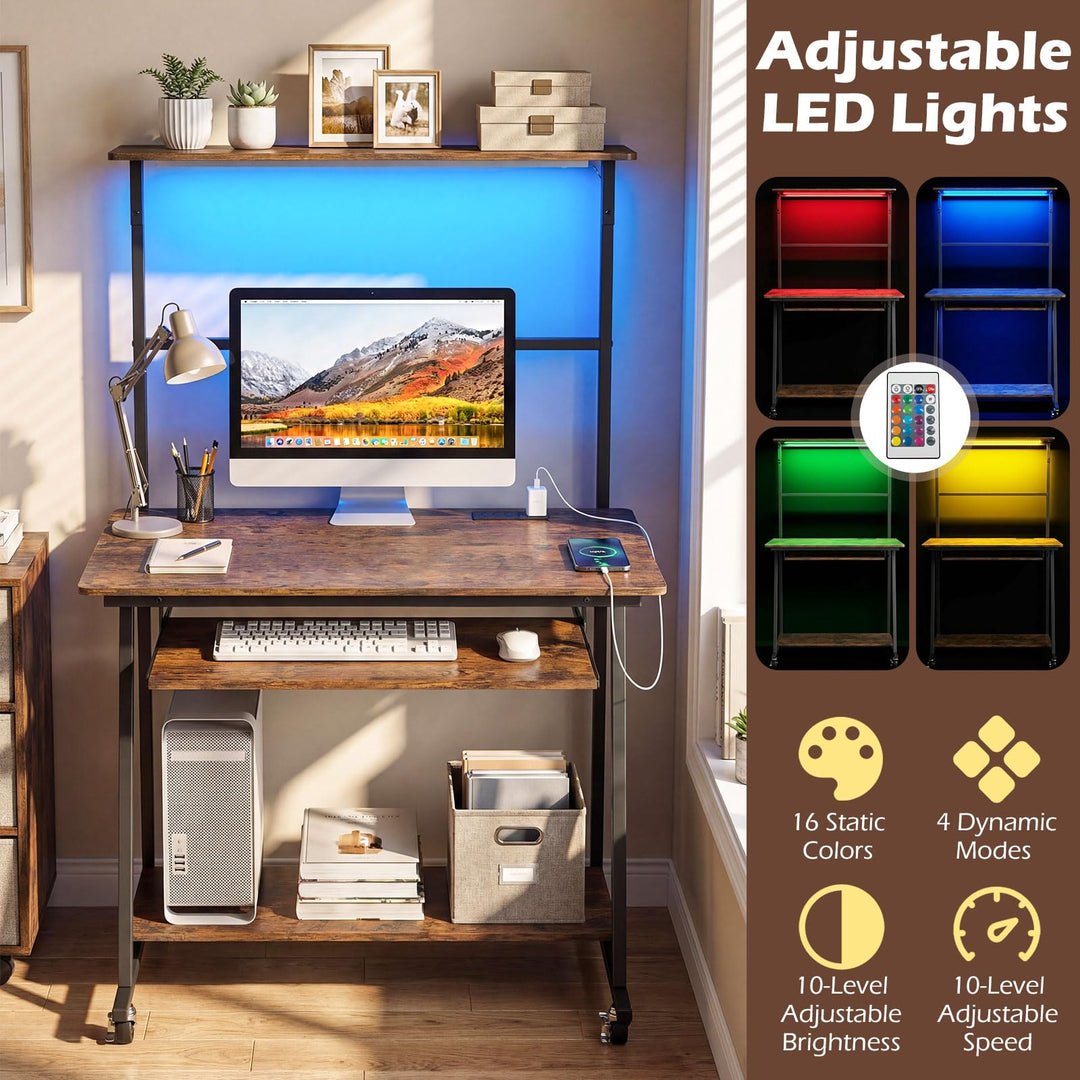 Giantex 31.5" Small Computer Desk with Charging Station &amp; LED Lights