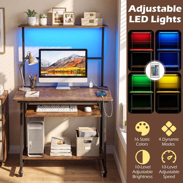 Giantex 31.5" Small Computer Desk with Charging Station &amp; LED Lights