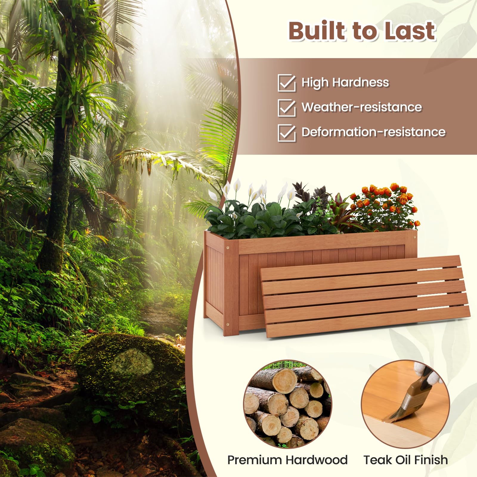 Giantex 2-in-1 Outdoor Bench, Wood Raised Garden Bed with Open Base, Teak Oil Finish