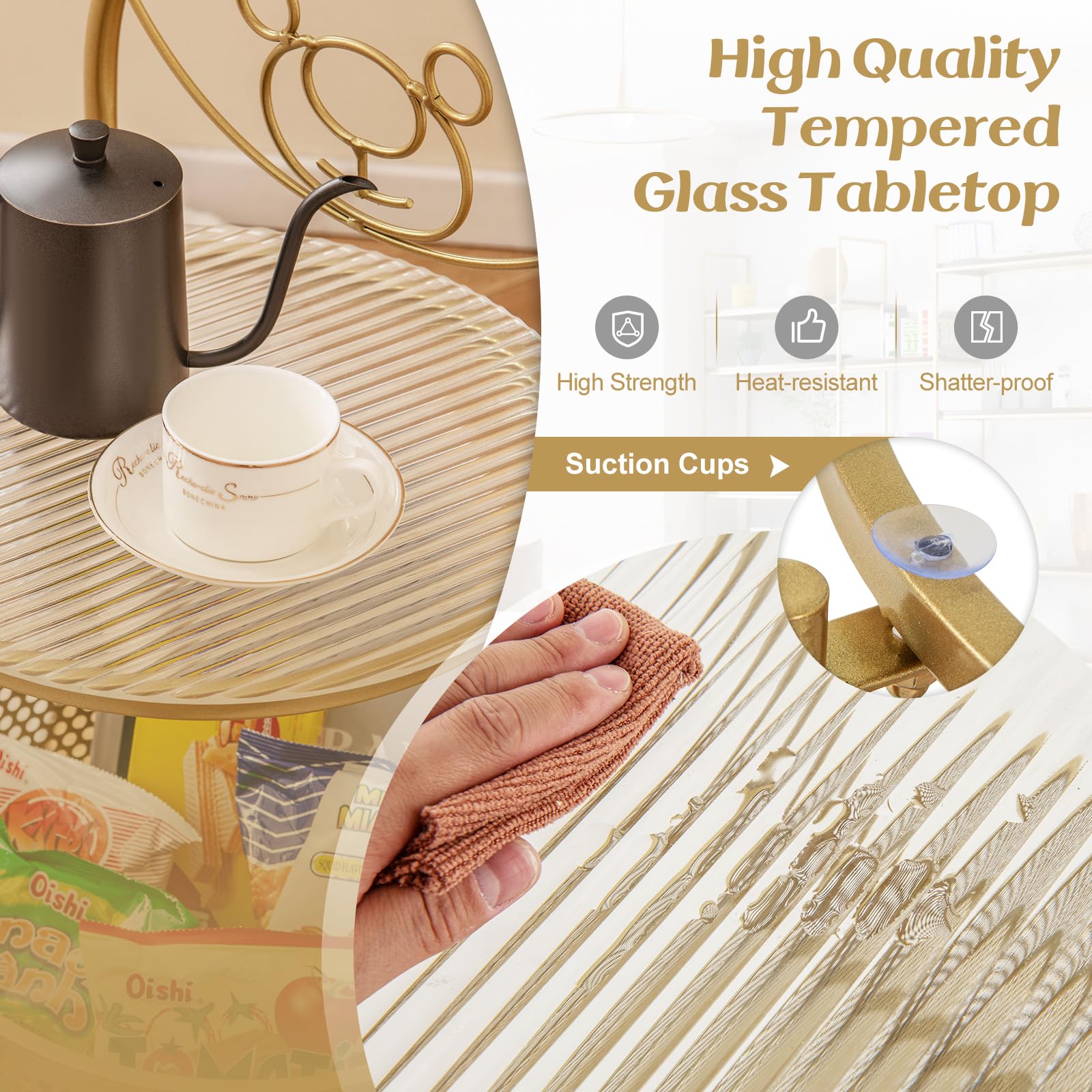 Giantex Mobile Glass Coffee Table, 2-Tier Round End Table with Bear Pattern, Storage Basket, Metal Frame