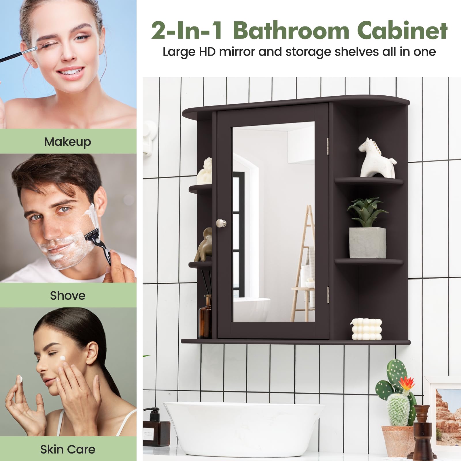 Giantex Medicine Cabinet, Mirror Bathroom Cabinet with Single Door, 3 Adjustable Shelves, Storage Cabinet for Hallway, Living Room