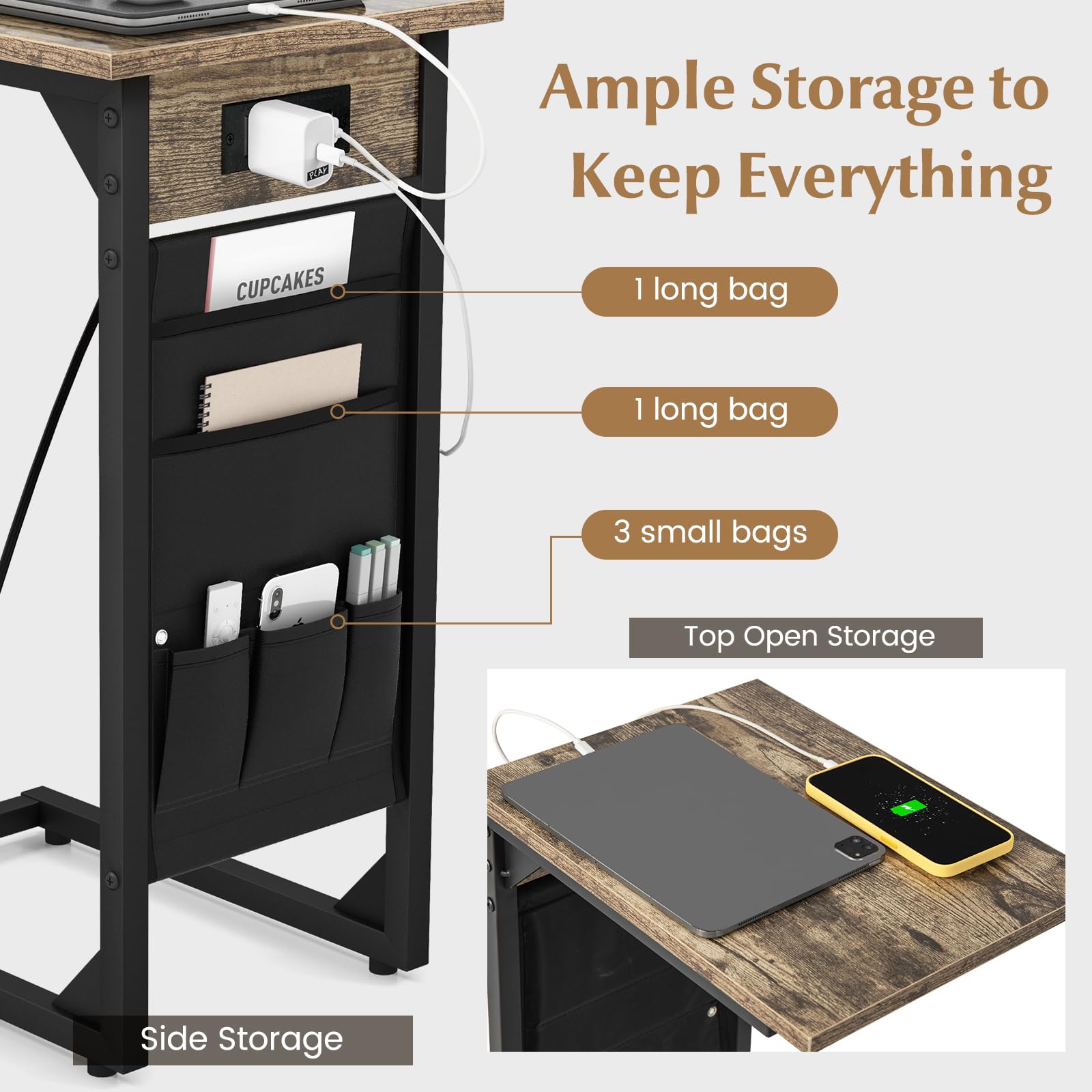 Giantex C Shaped End Table Set of 2, Sofa Side Table with Charging Station & Side Storage Bag, Rustic Brown