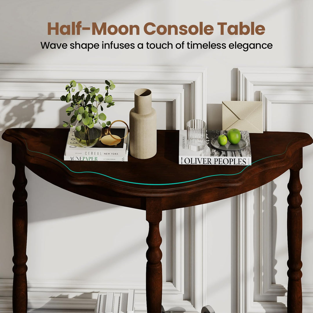 Giantex 42 Inch Half Moon Console Table with Shelf and Rubber Wood Legs