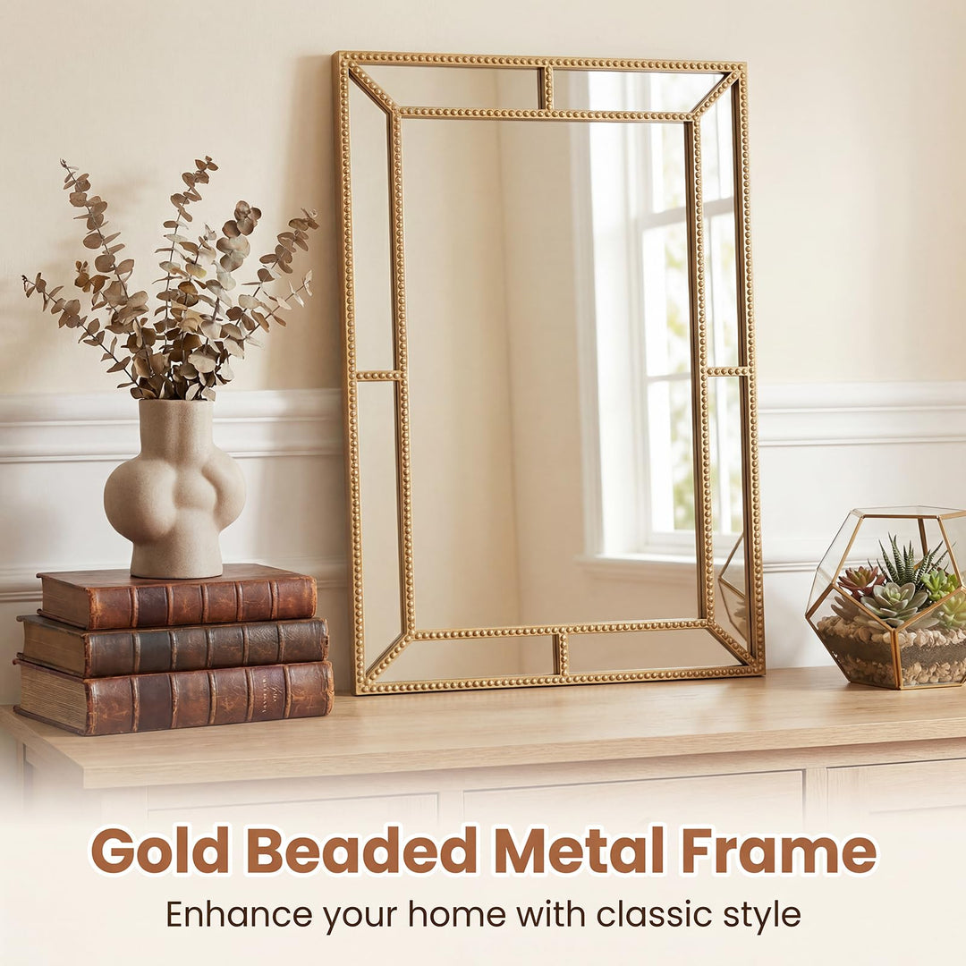 CHARMAID 36"x24" Rectangular Decorative Gold Beaded Wall Mirror