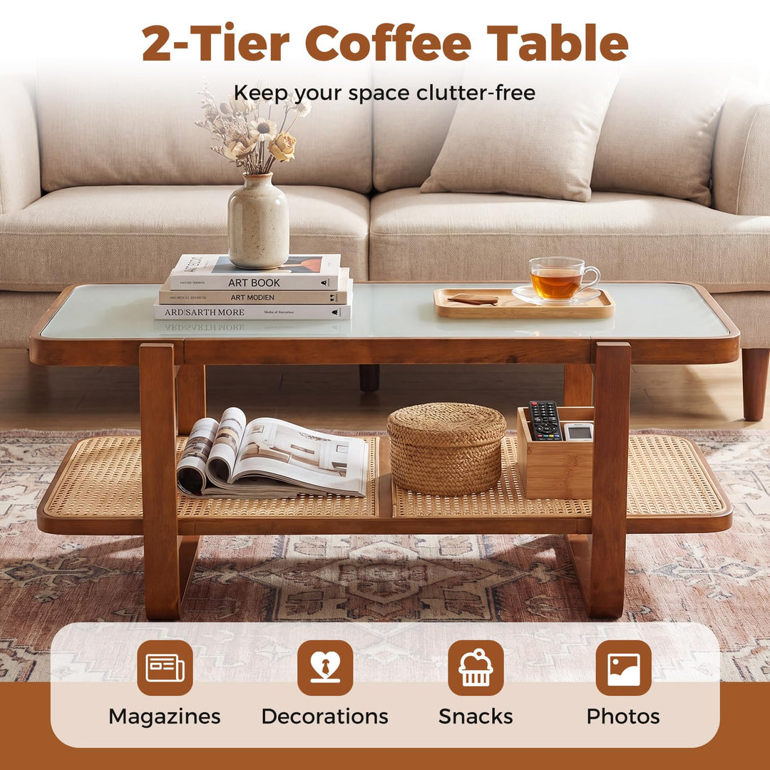 Giantex Rattan Coffee Table | 41.5" Farmhouse Center Table with Storage &amp; Frosted Tempered Glass