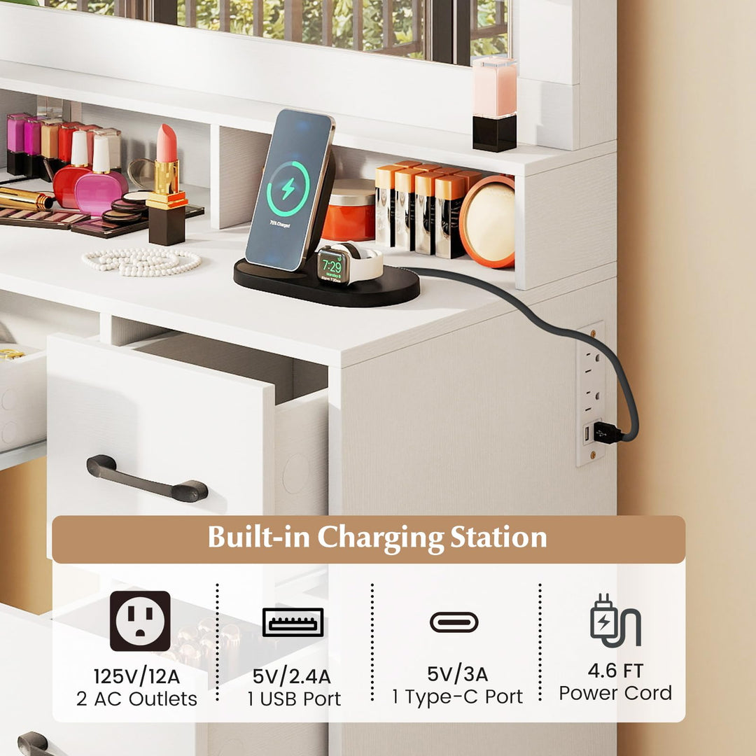 CHARMAID Vanity Desk with Mirror and Lights Charging Station & Storage Stool