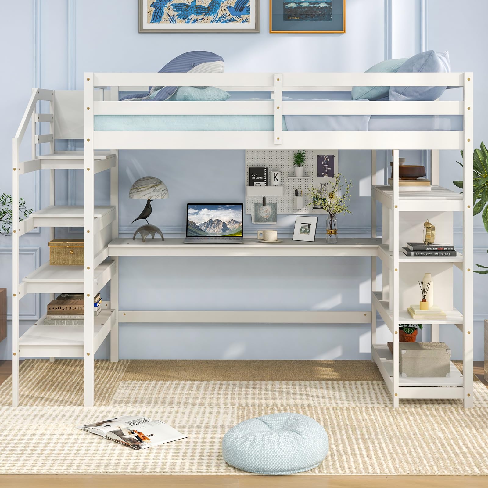 Giantex Twin Loft Bed with Desk and Stairs, Solid Wood High Loft Bed with 4-Tier Storage Shelves