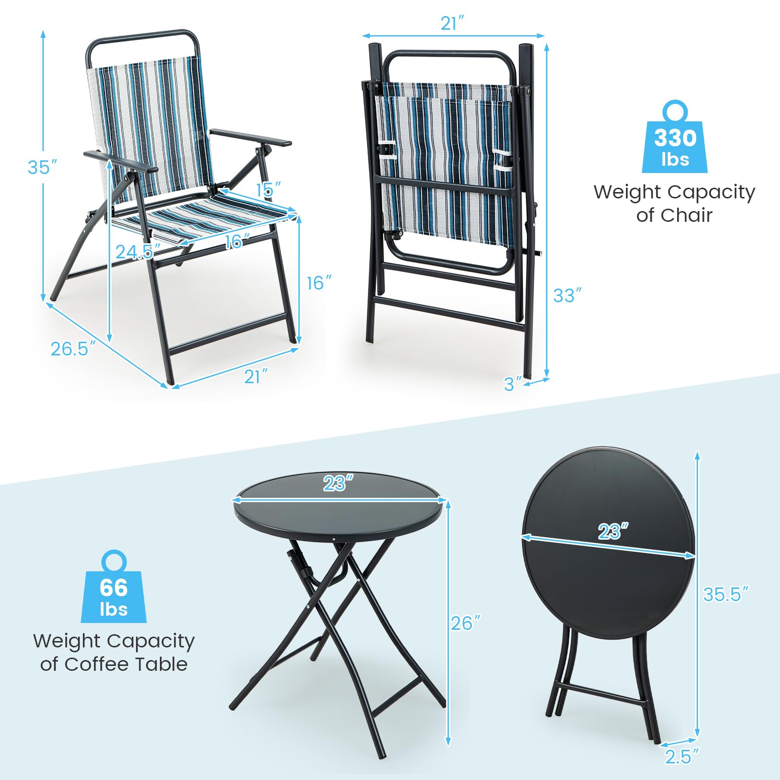 Giantex 3 Pcs Patio Bistro Set, Folding Table and Chairs Set