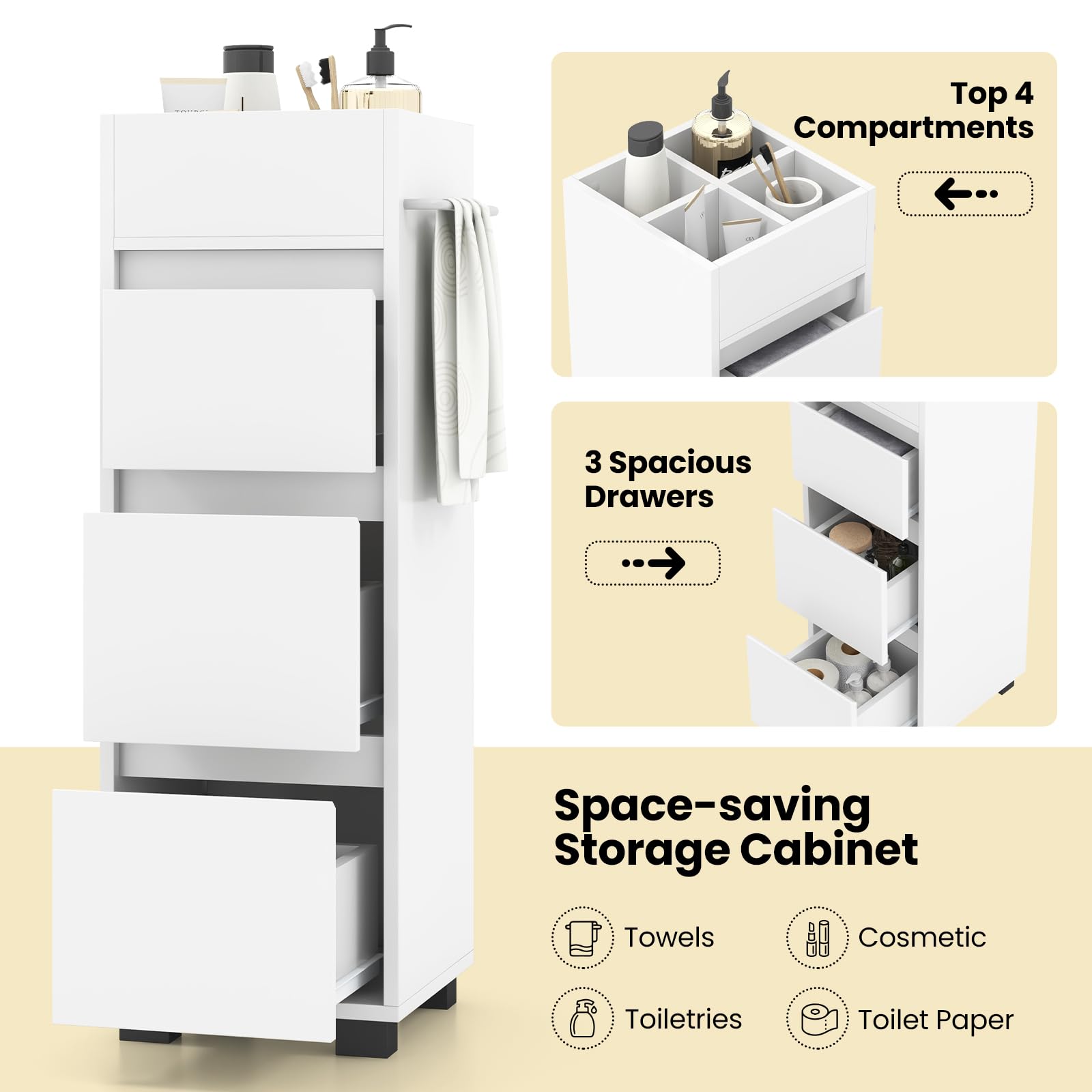 Giantex Small Bathroom Storage Cabinet - Narrow Space-saving Bathroom Cabinet with 3 Drawers