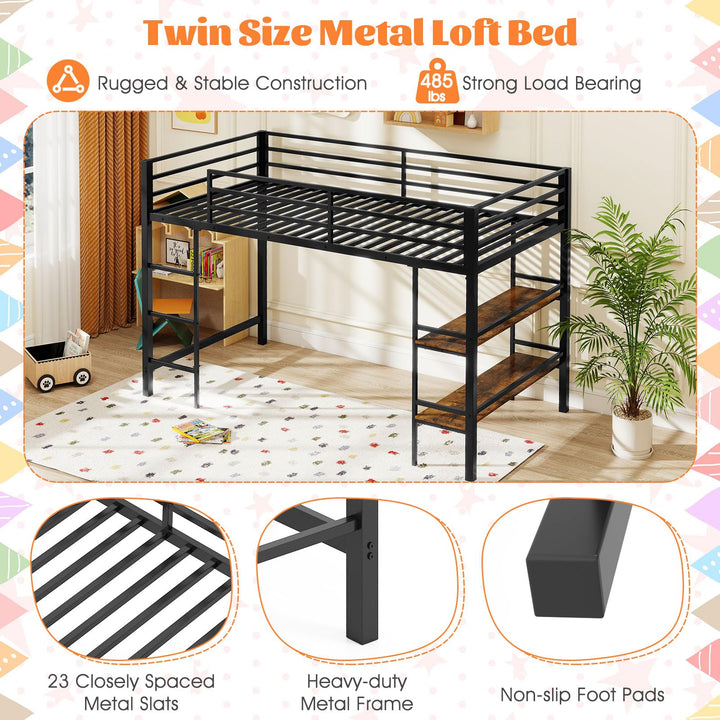 Giantex Low Loft Bed Twin Size Heavy Duty Metal Frame w/Storage Shelves