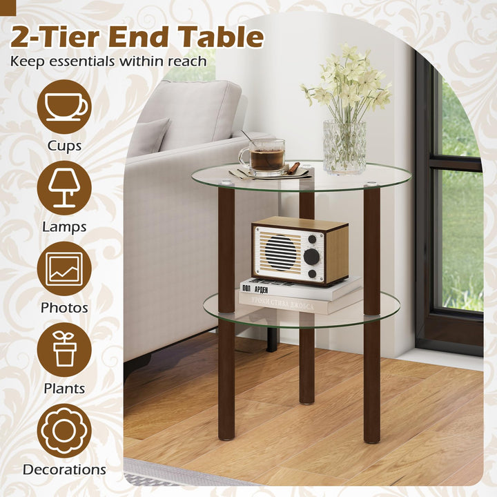 Giantex Round/Square 2-Tier Sofa Side Table with Clear Tempered Glass Top &amp; Shelf (1/2)