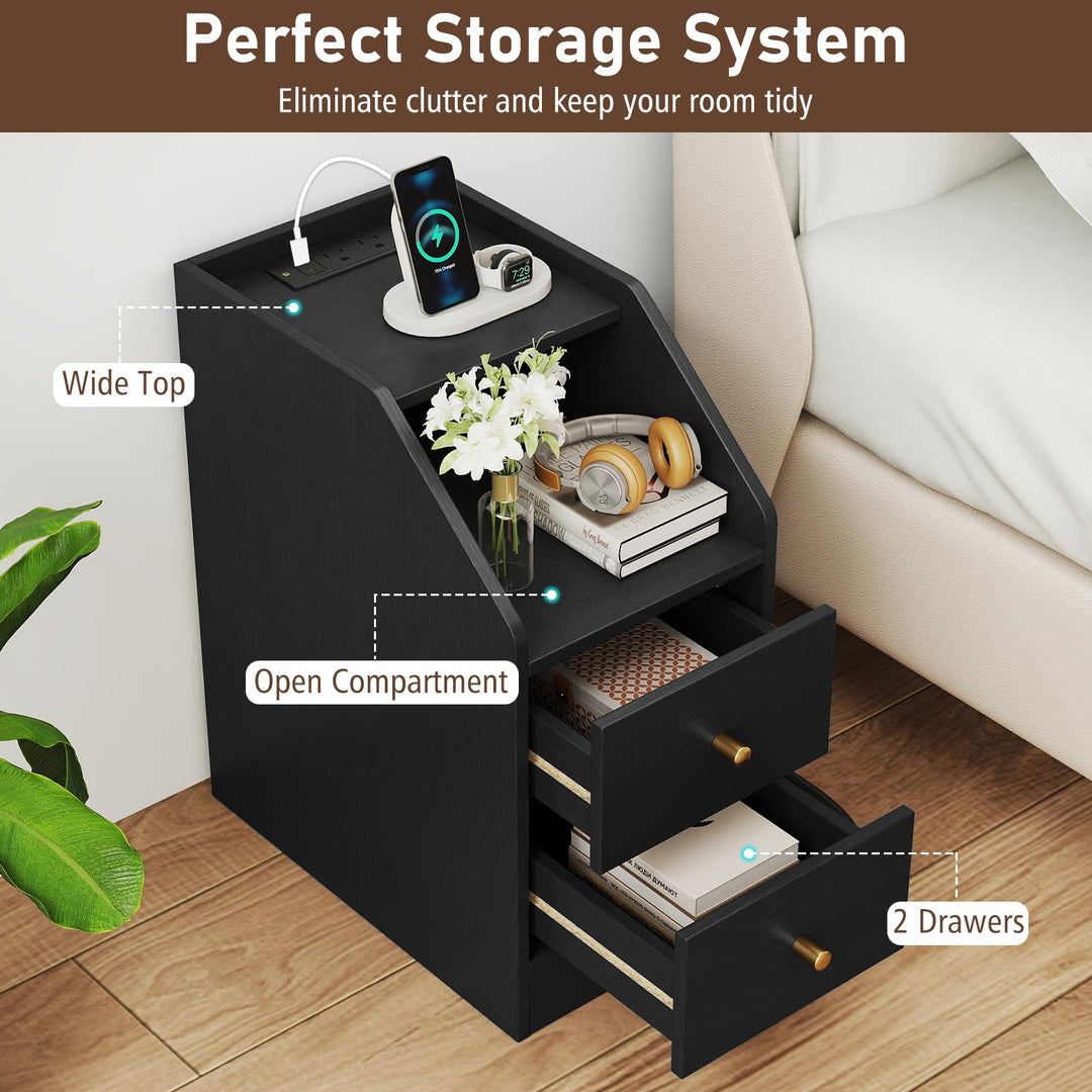 Giantex Side End Table with Charging Station Sofa Couch Table with Shelf Drawers