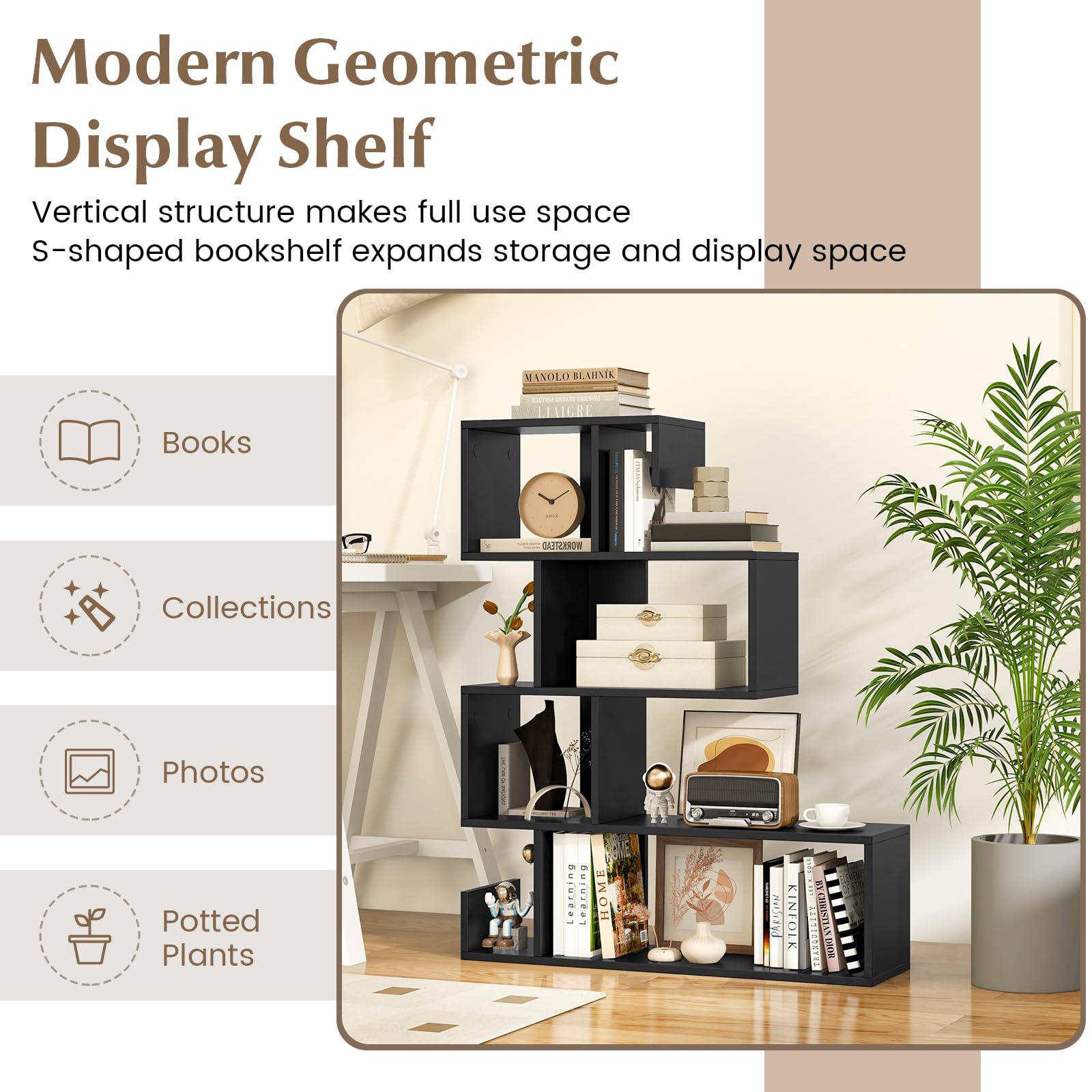 Giantex 5-Tier S-Shaped Bookshelf, Geometric Bookcase w/Open Cubes