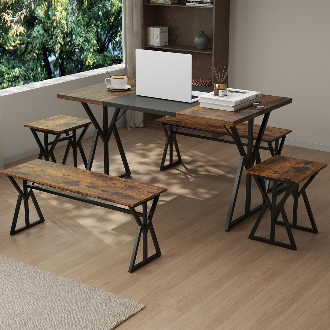 Giantex 55" Kitchen Table with 2 Benches & 2 Stools with X-Shaped Metal Frame