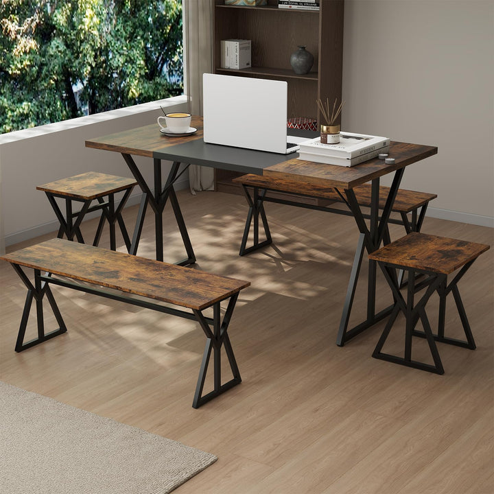 Giantex 55" Kitchen Table with 2 Benches & 2 Stools with X-Shaped Metal Frame