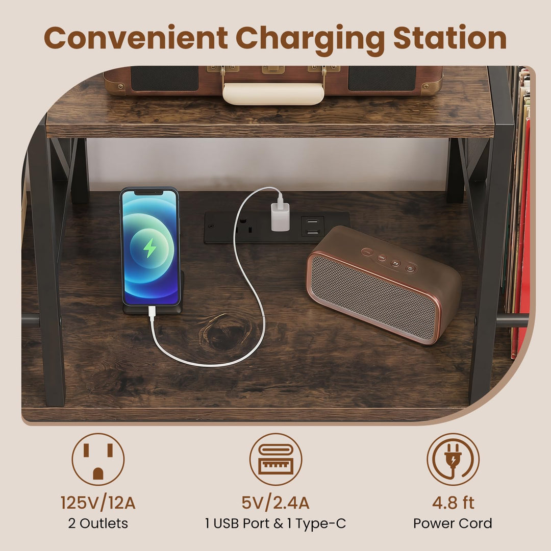 Giantex Large Record Player Stand with Charging Station &amp; Dividers for Albums