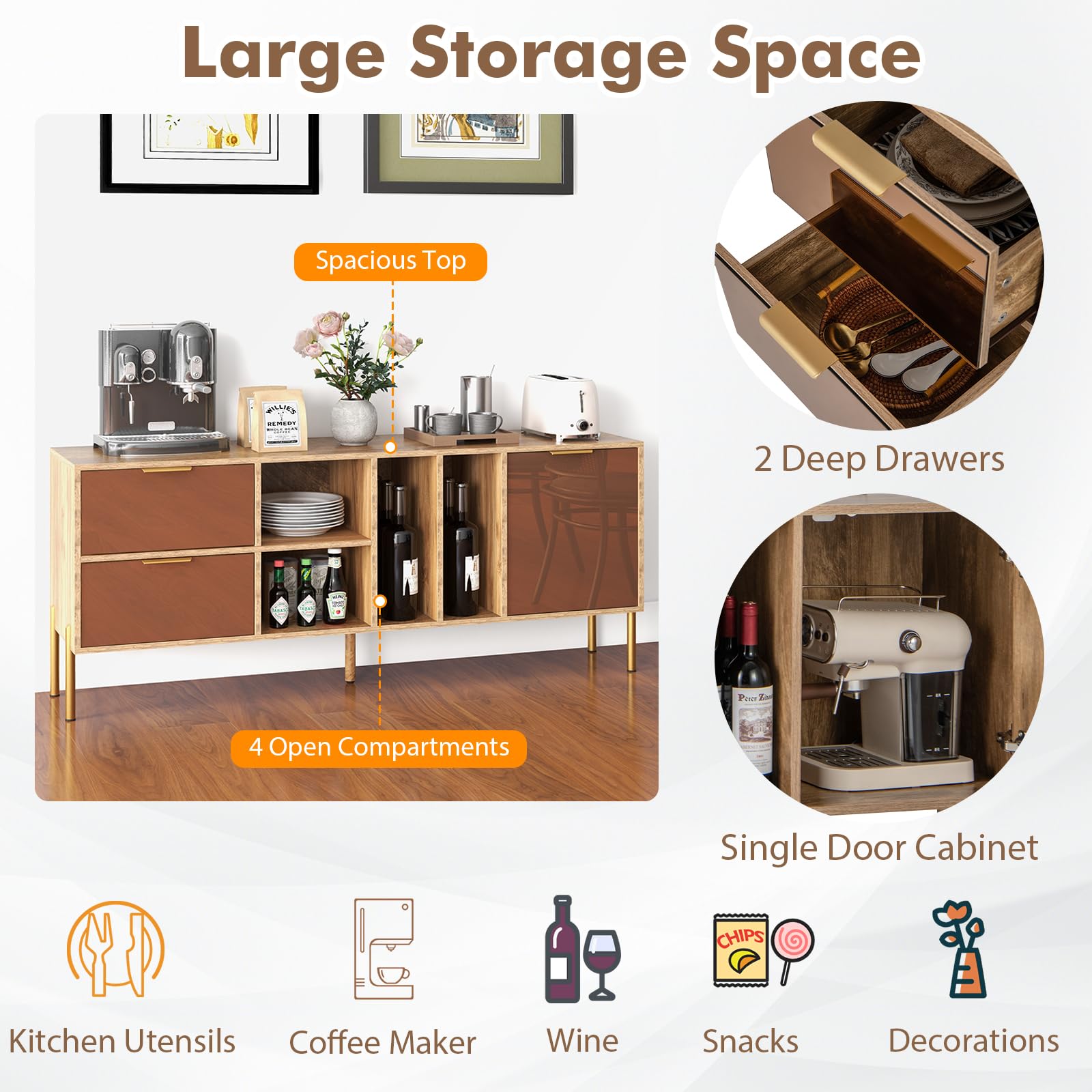 Giantex Mirrored Buffet Cabinet, Wooden Kitchen Sideboard Storage Cabinet w/2 Drawers & 1 Door Accent Cabinet
