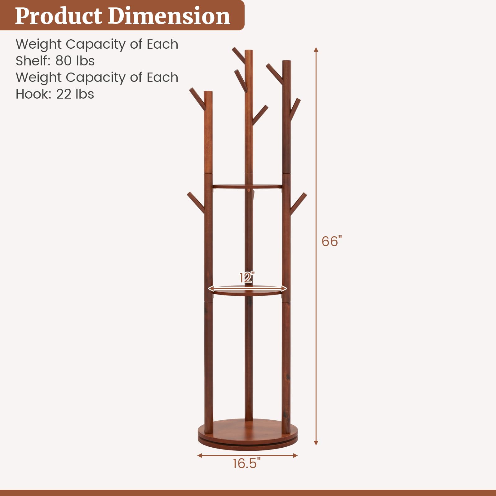 Giantex Coat Rack Freestanding, Wooden Rotary Coat Tree w/ 3 Display Storage Shelves & 9 Hooks
