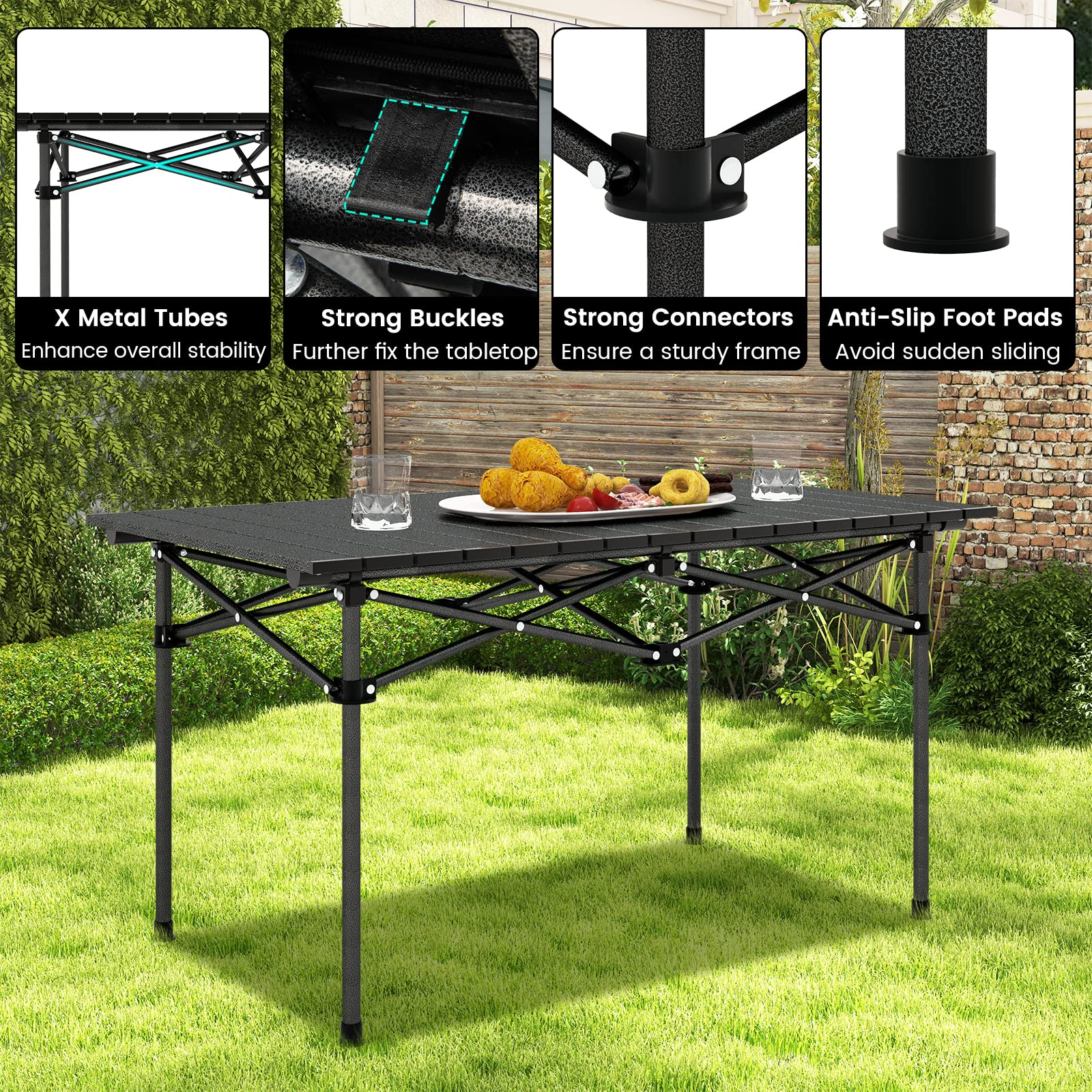 Giantex Folding Camping Table for 4-6 People, Roll-Up Lightweight Picnic Table with Large Aluminum Tabletop & Carrying Bag (Black)