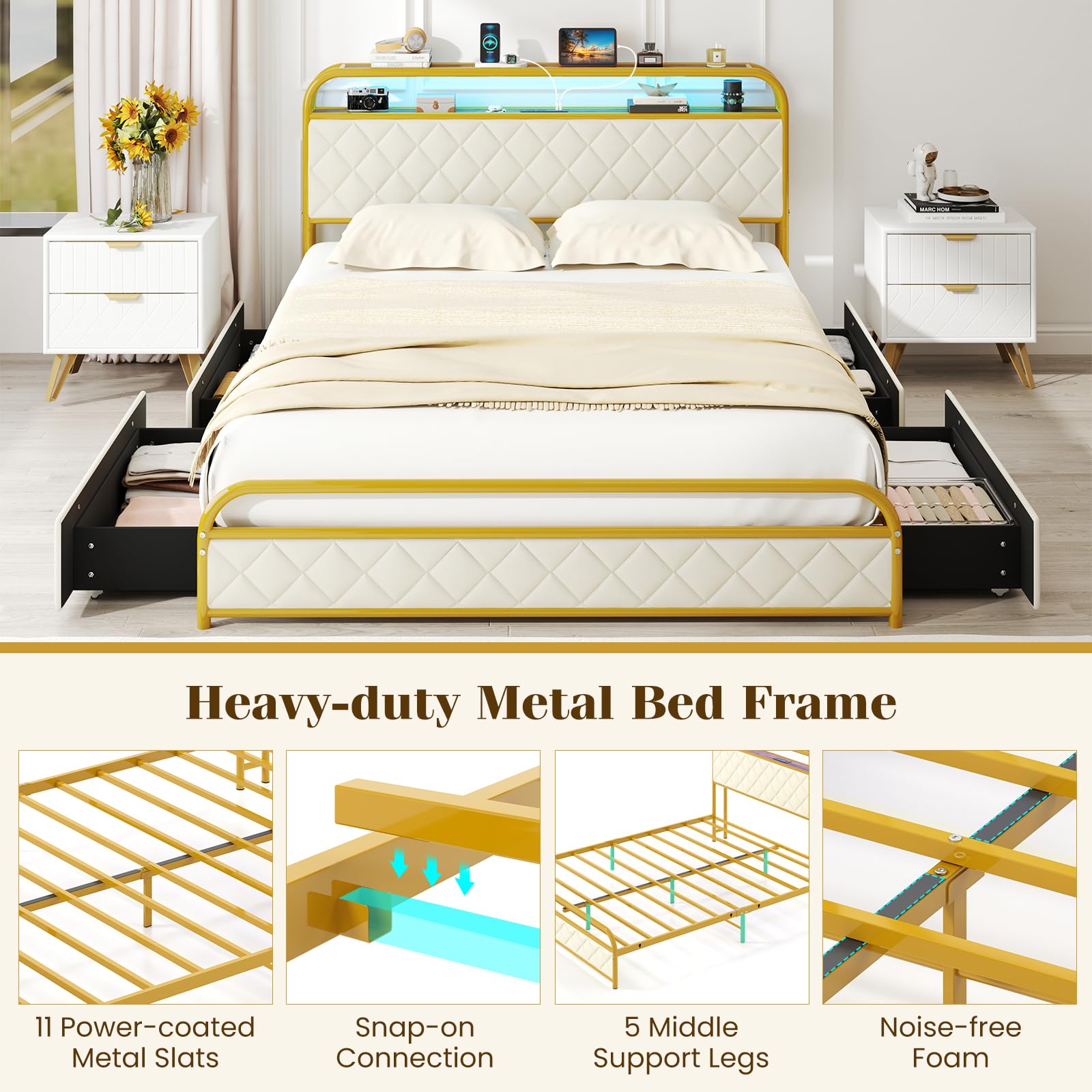 Giantex Bed Frame with 4 Storage Drawers and Charging Station