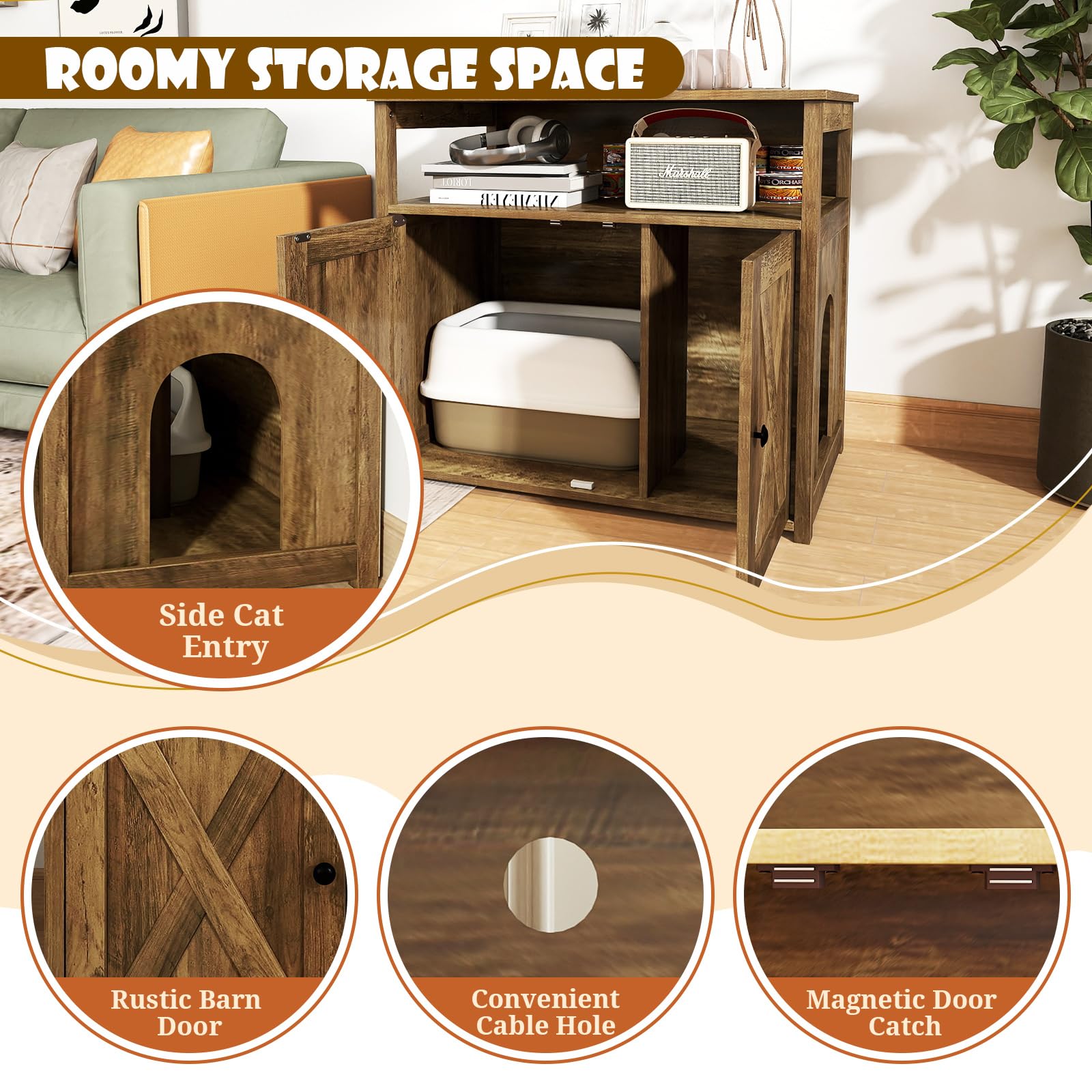 Giantex Cat Litter Box Enclosure - Litter Box Hidden Furniture with Barn Door, Inner Divider, Side Entry, Storage Shelf