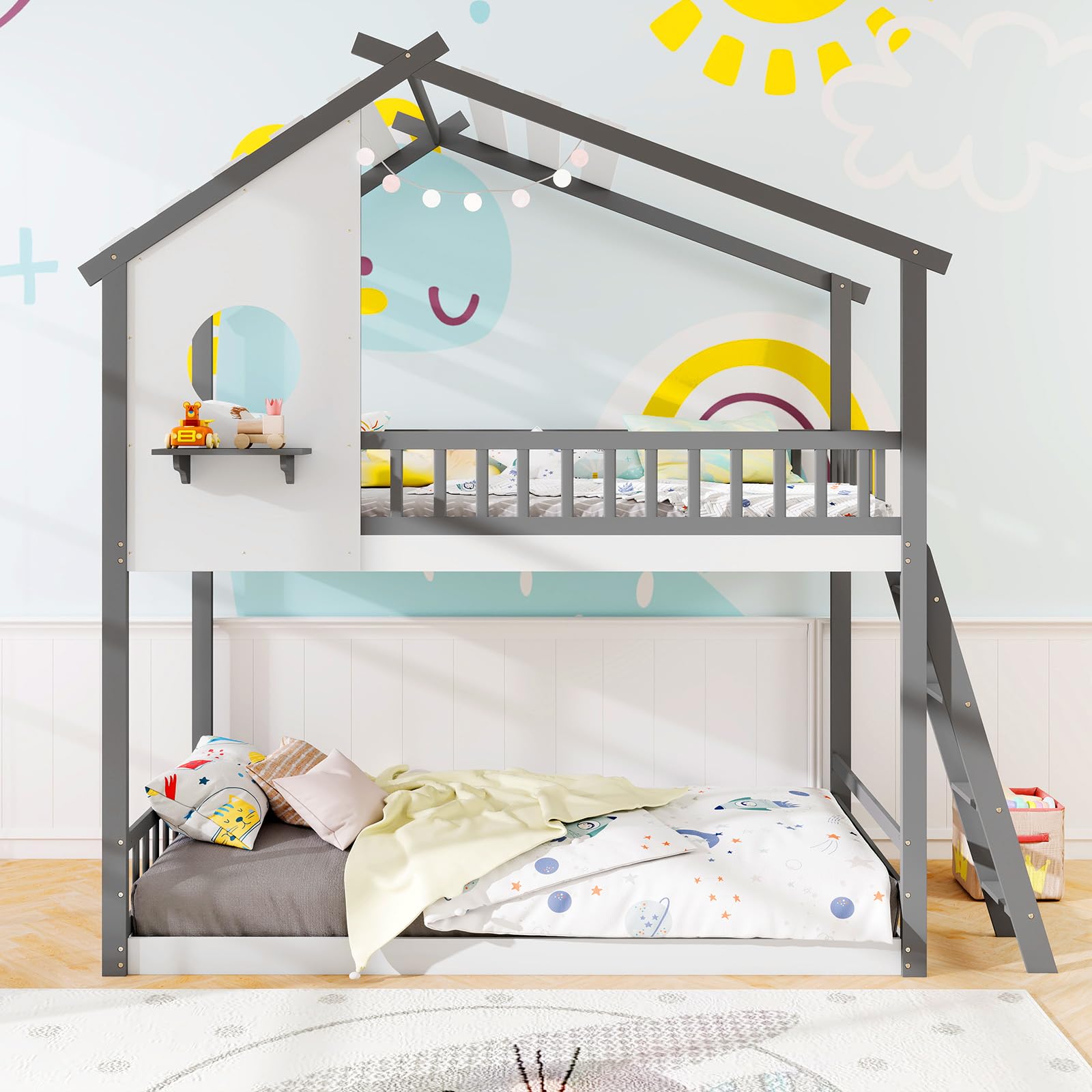 Giantex Solid Wood Floor Bunk Bed with Ladder and Full-Length Guardrails