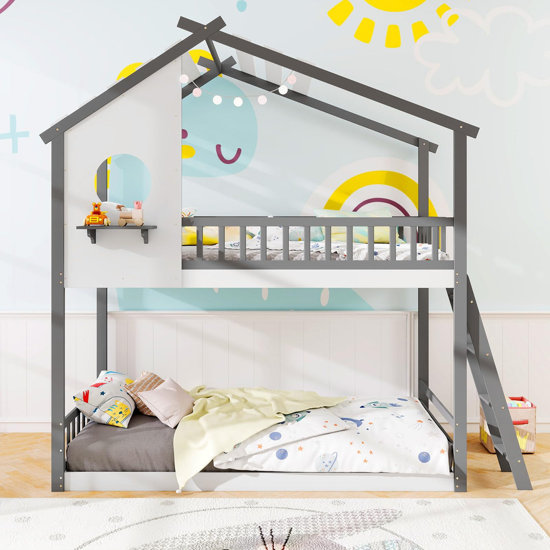 Giantex Solid Wood Floor Bunk Bed with Ladder and Full-Length Guardrails
