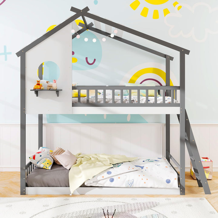 Giantex Solid Wood Floor Bunk Bed with Ladder and Full-Length Guardrails