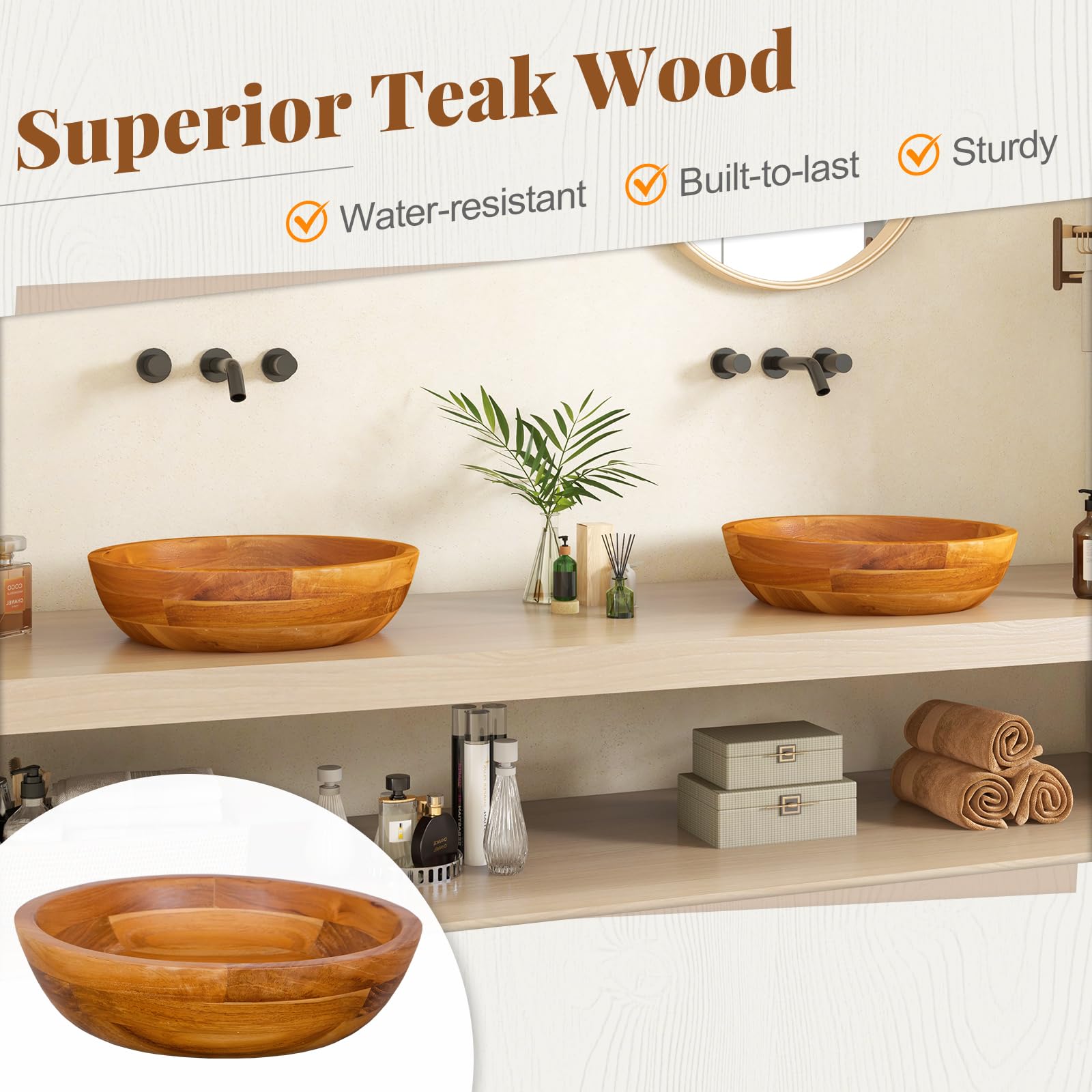 Giantex Teak Wood Vessel Sink - Bathroom Washbasin with Smooth Finish, Round Corner (16” x 16” x 4” Bowl-shaped)