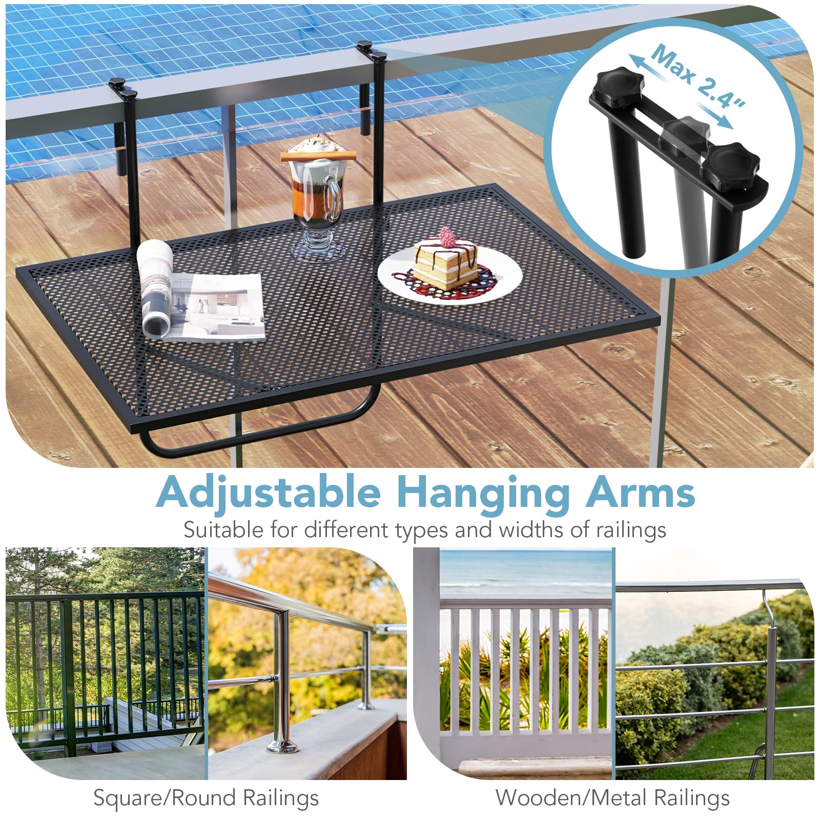 Giantex Balcony Table, Folding Outdoor Side Table for Railings Up to 2.4" Thick, Space-saving Railing Serving Table with Metal Frame
