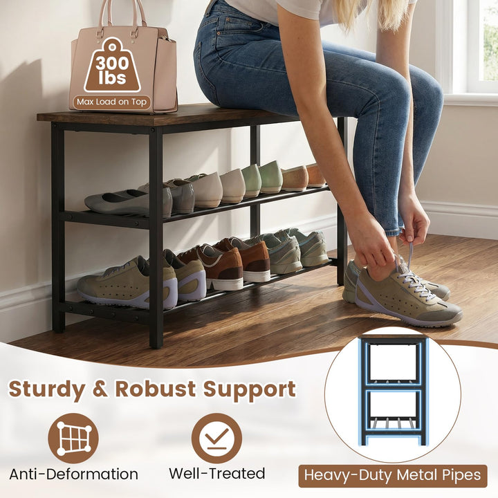 Giantex 3-Tier Shoe Bench 32" L Shoe Organizer Storage Bench with Metal Slat Shelves & Seat