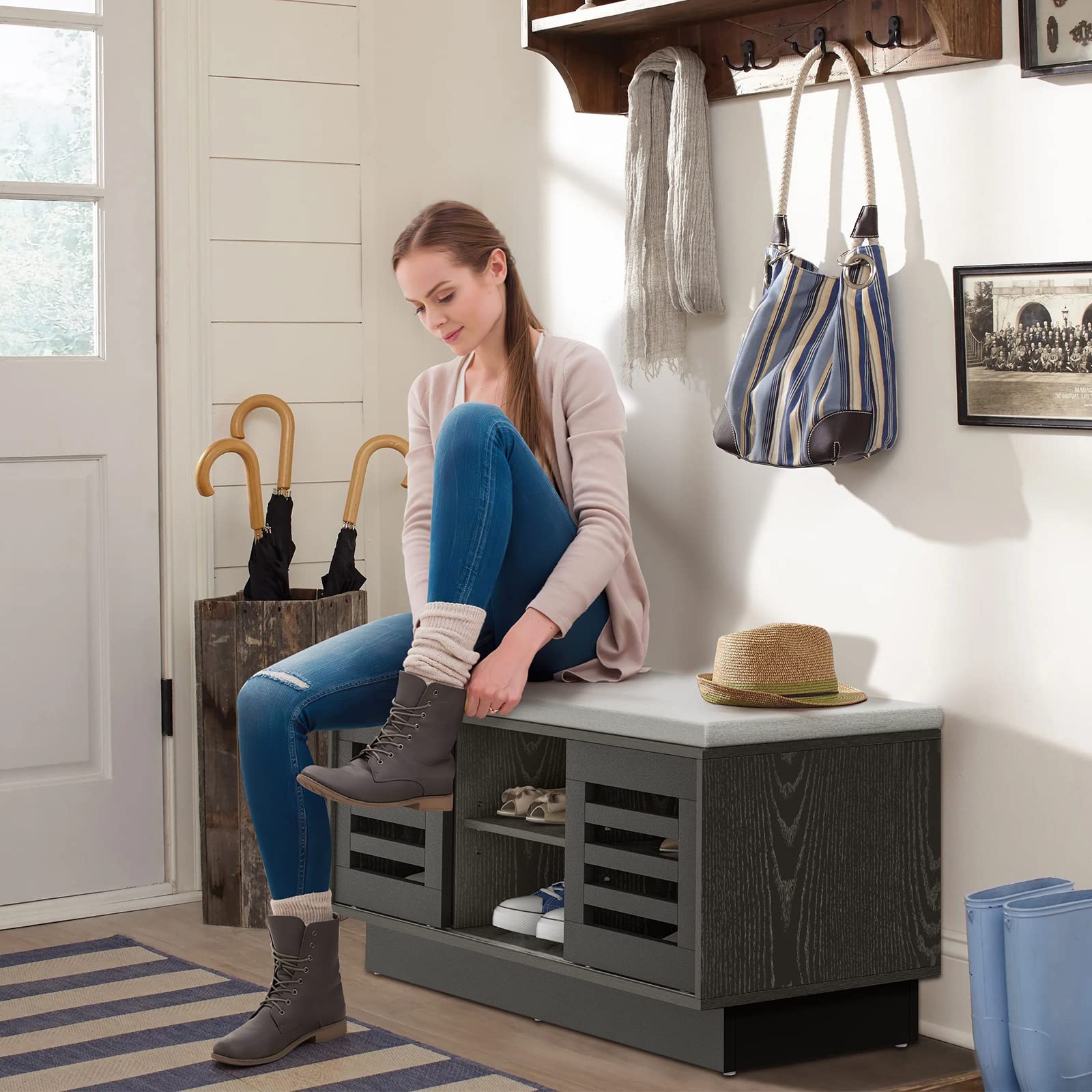 Giantex Entryway Shoe Storage Bench - Shoe Rack w/Seat Cushion & 6 Storage Compartments