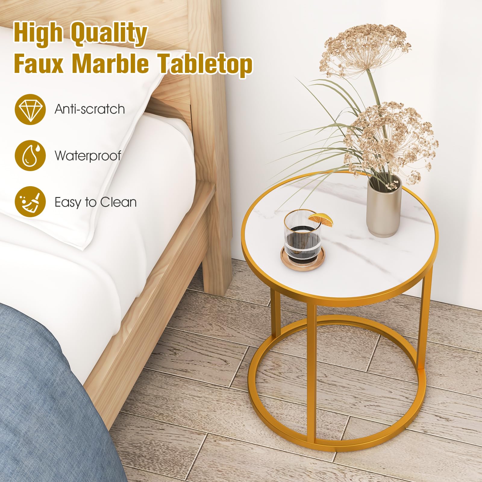 Giantex Faux Marble Side Table, Round End Table with Golden Metal Frame and White Marble Top