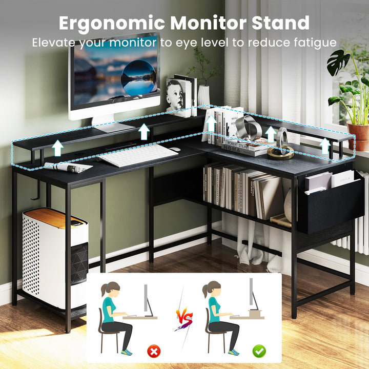 Giantex L Shaped Desk with LED Light & Power Outlets Ergonomic Home Office Desk