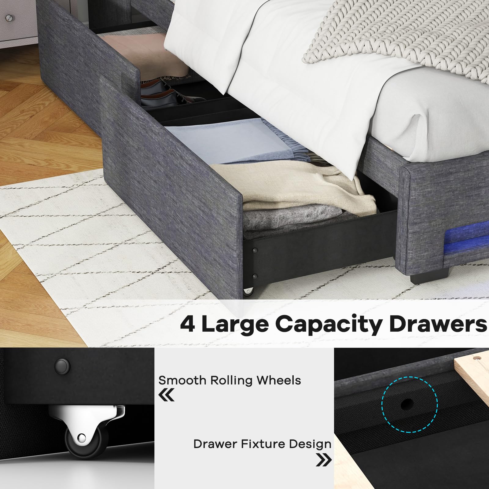 Giantex Full Size Bed Frame with LED Lights & Charging Station, Upholstered Platform Bed with Wingback Headboard
