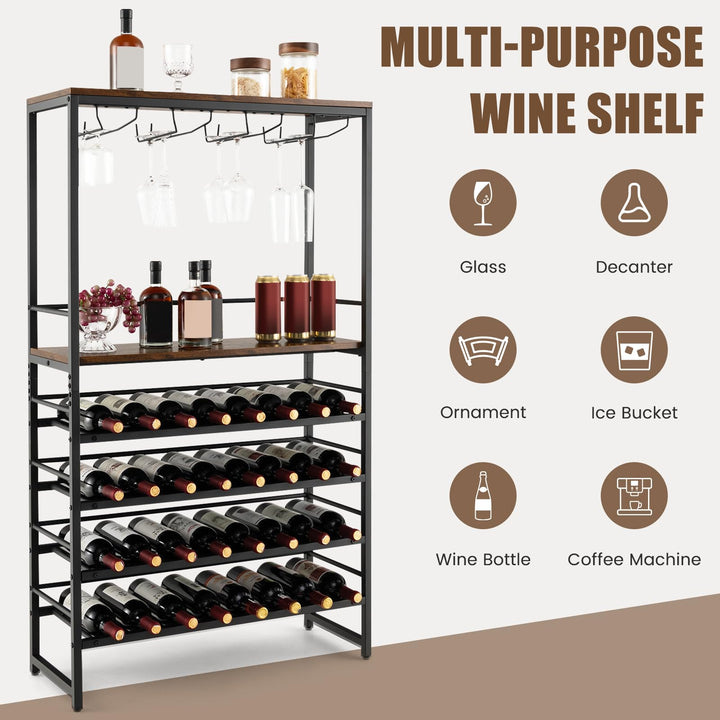 Floor Wine Rack w/ 4-Tier Wine Storage & 4 Rows of Stemware Racks