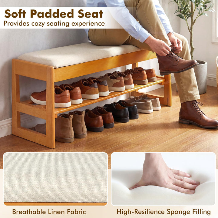 Giantex Rubberwood  Shoe Rack Bench with Linen Seat Cushion