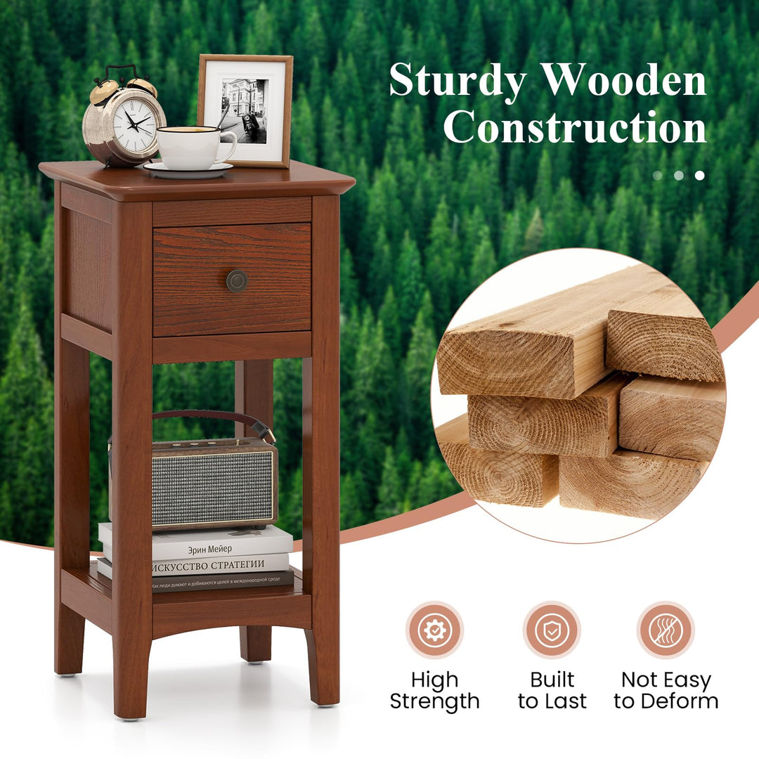Giantex Narrow End Table with Drawer 23.5" H Side Table w/Open Storage Shelf & Solid Wood Frame