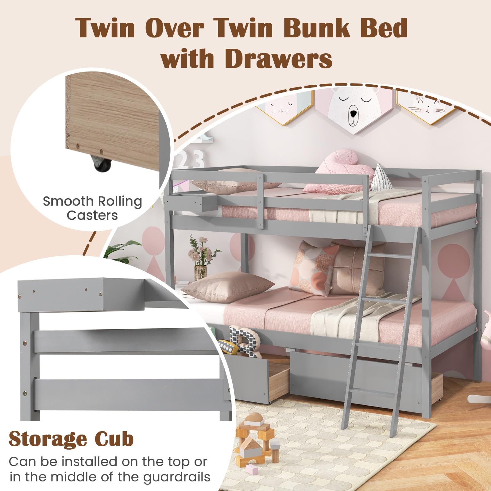 Giantex Bunk Bed Twin Over Twin with 2 Storage Drawers