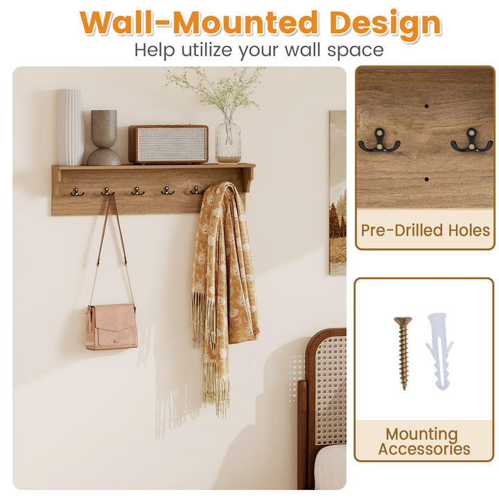 Giantex Wall-Mounted Storage Shelf | 31.5" Wooden Hanging Coat Rack with 6 Hooks