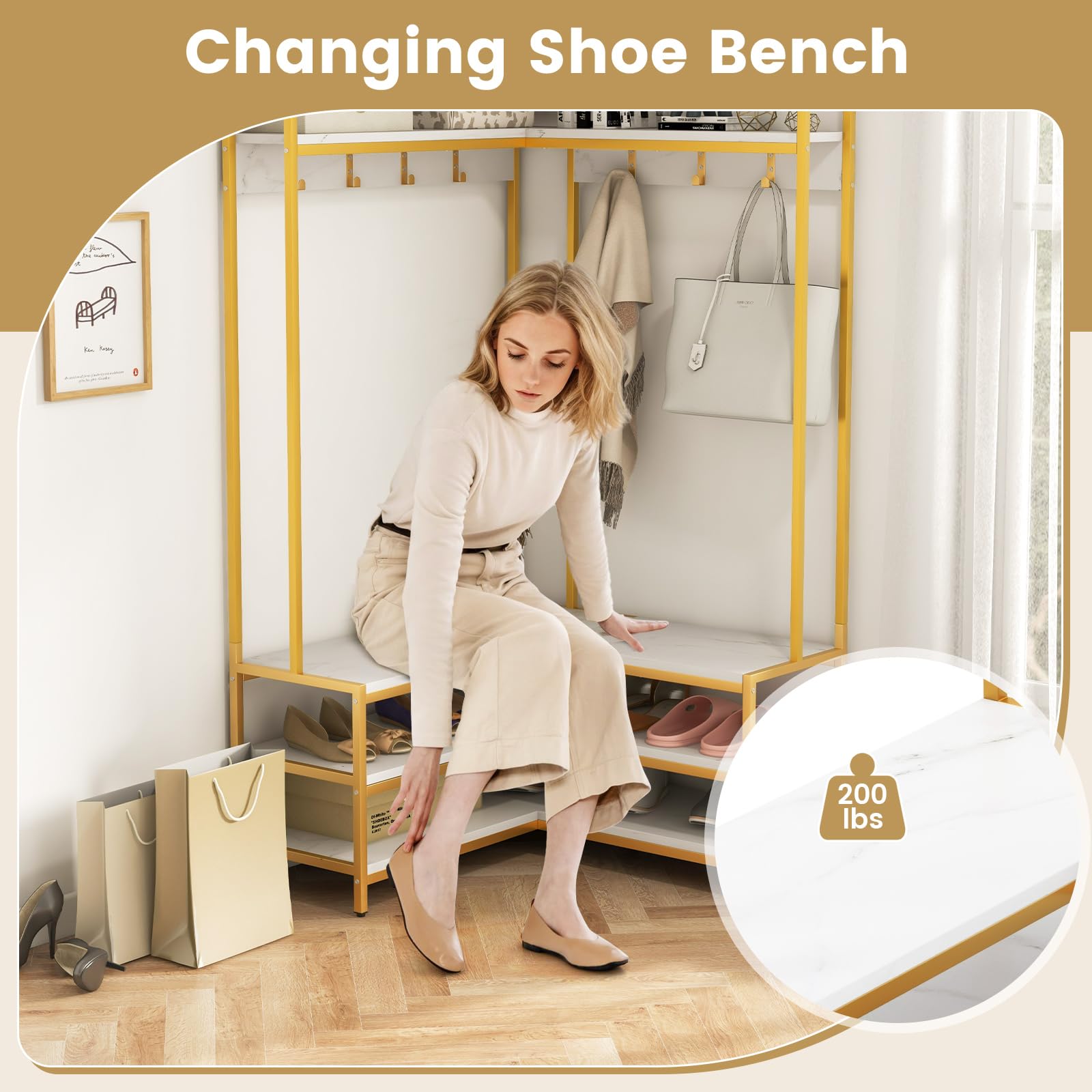 Giantex Corner Coat Rack with Shoe Bench, L-shaped Garment Rack with 5 Shelves & 7 Hooks