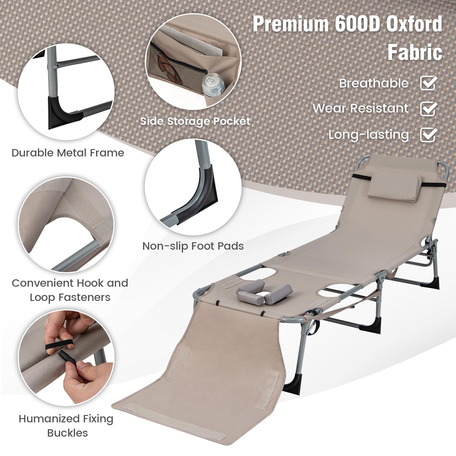 Giantex Folding Beach Tanning Chair - Outdoor Chaise Lounge Chair, 5-Position Adjustable Lounger with Face Hole