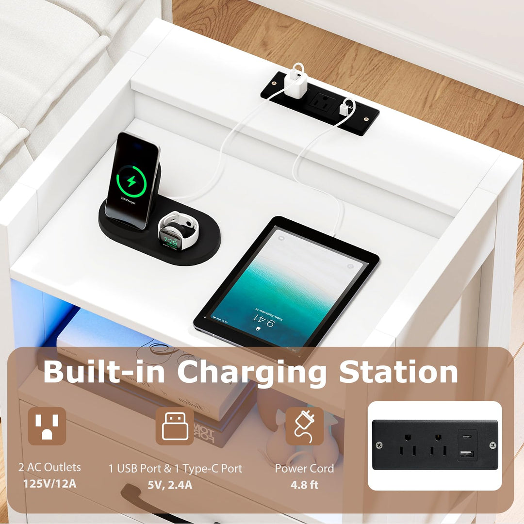 Giantex LED Nightstand with Charging Station Set of 1/2 Bedside Table