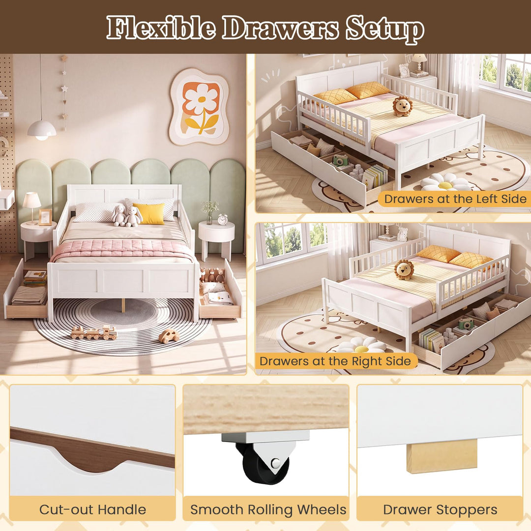 GIANTEX Full/Twin Size Bed Frame with 2 Storage Drawer &amp; Guardrails for Kids