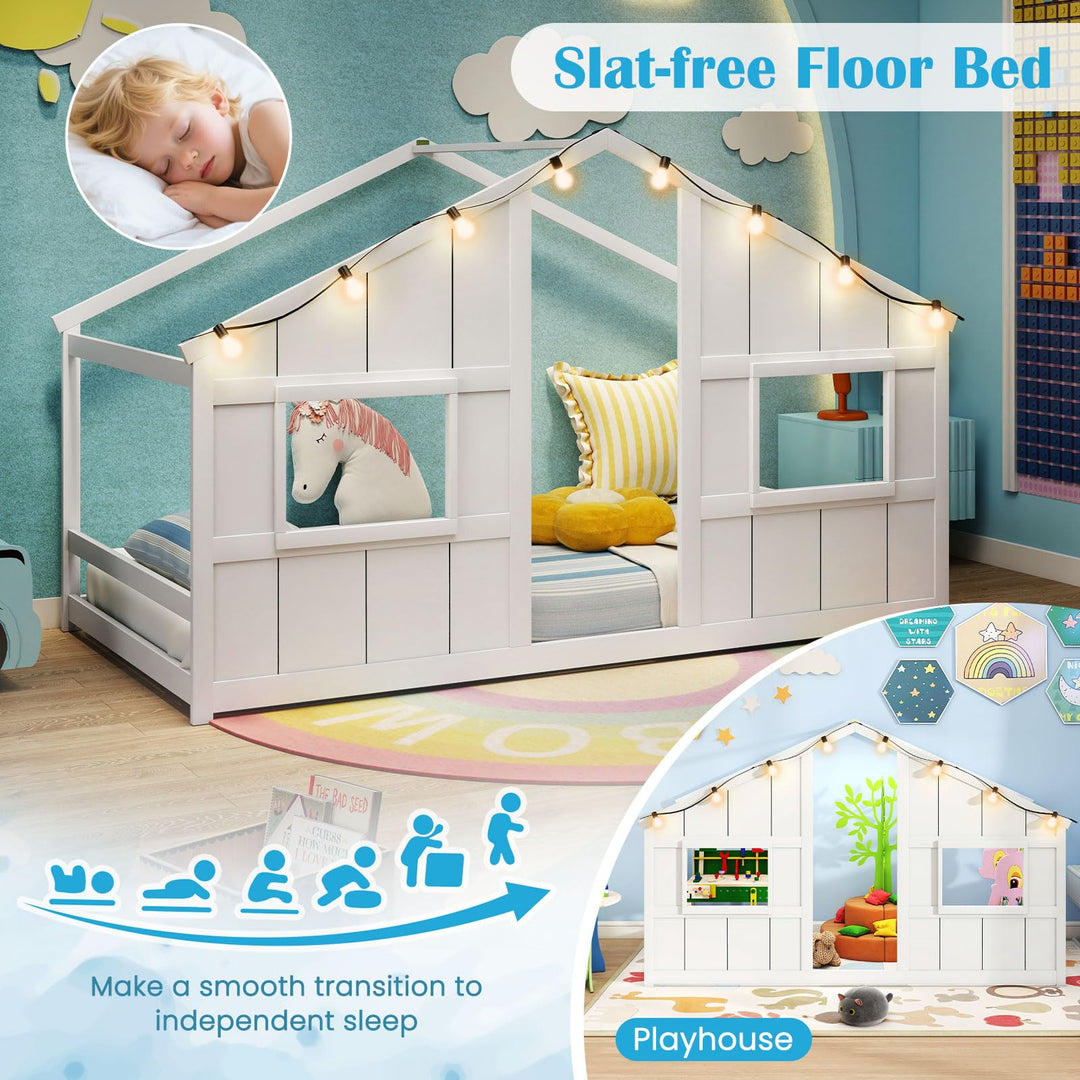 Giantex Twin Kids House Bed with Light Bulbs Wooden Montessori Floor Bed Frame with Roof & Windows