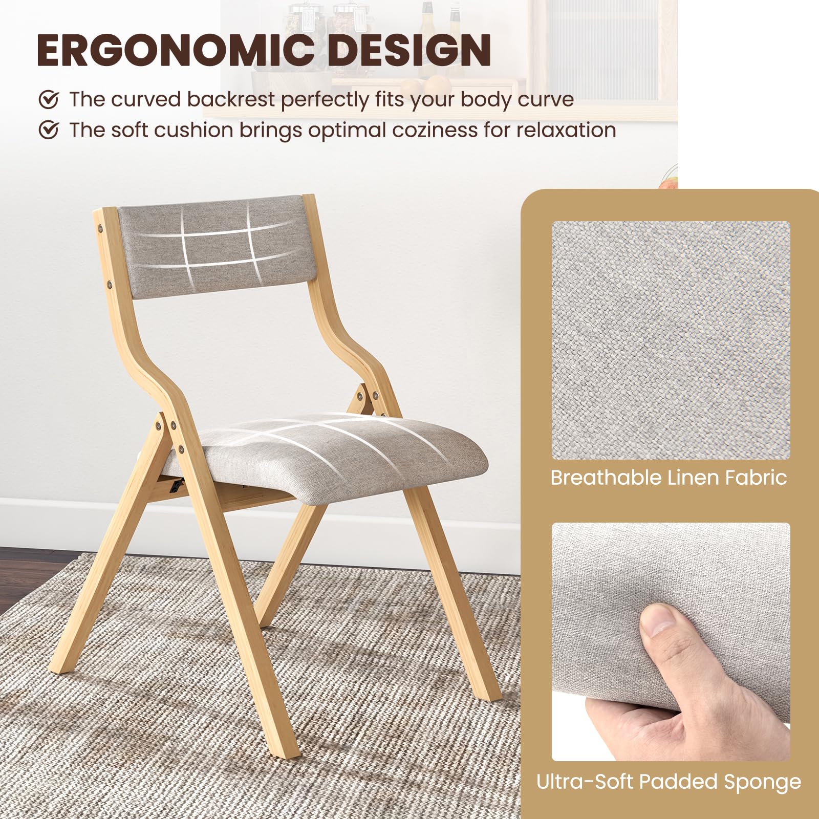 Folding Dining Chair Set of 2, No Assembly Folding Chairs w/Linen Padded Seats - Giantex