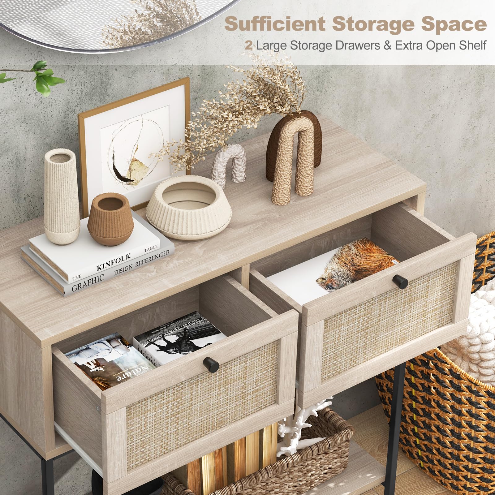 Giantex Console Table with Rattan Drawers - 31.5" Entryway Table w/ 2 Drawers & Open Storage Shelf