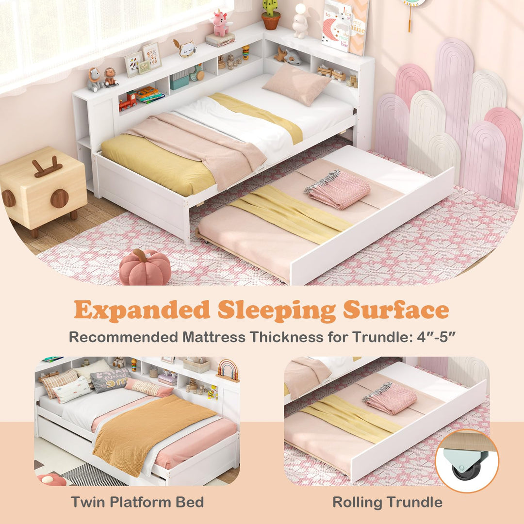 Giantex Twin Daybed with Trundle, Wood Twin Bed Frames with Storage Headboard, Reversible Bookcase