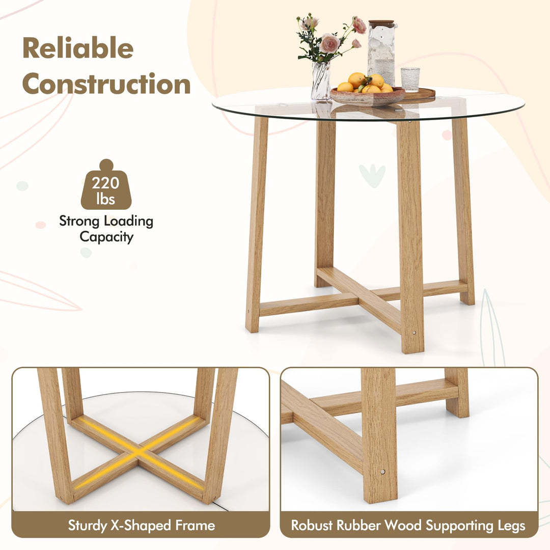 Giantex 42” Round Dining Table for 4, Kitchen Table with 0.3” Tempered Glass Tabletop, Rubber Wood Legs